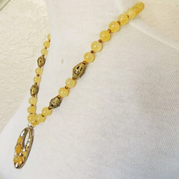 Golden Yellow Calcite Beaded Mosaic Rhinestone Pendant Statement Necklace
